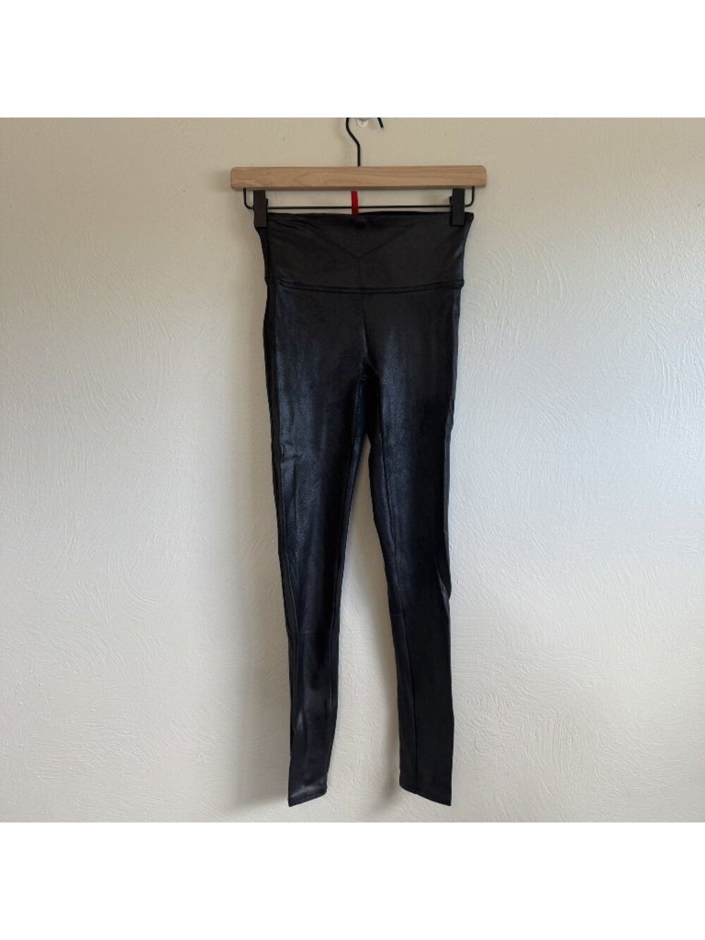 Spanx Faux Leather Leggings Black High Waisted Compression Shaping Foil Finish S